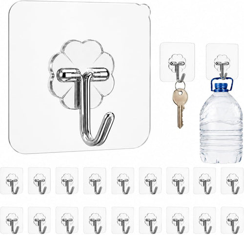 24 Pack Heavy Duty Self Adhesive Hooks-33lb(Max), Transparent Nail Free, Waterproof, Sticky Wall Hooks for Keys, Coat, Shower, Outdoor, Kitchen, Home Improvement.